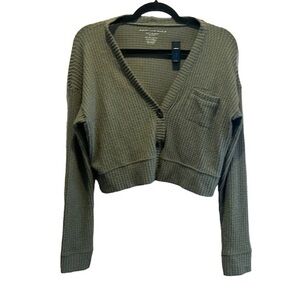 American Eagle Women’s Green Soft Waffle Knit Cropped Cardigan Size XS